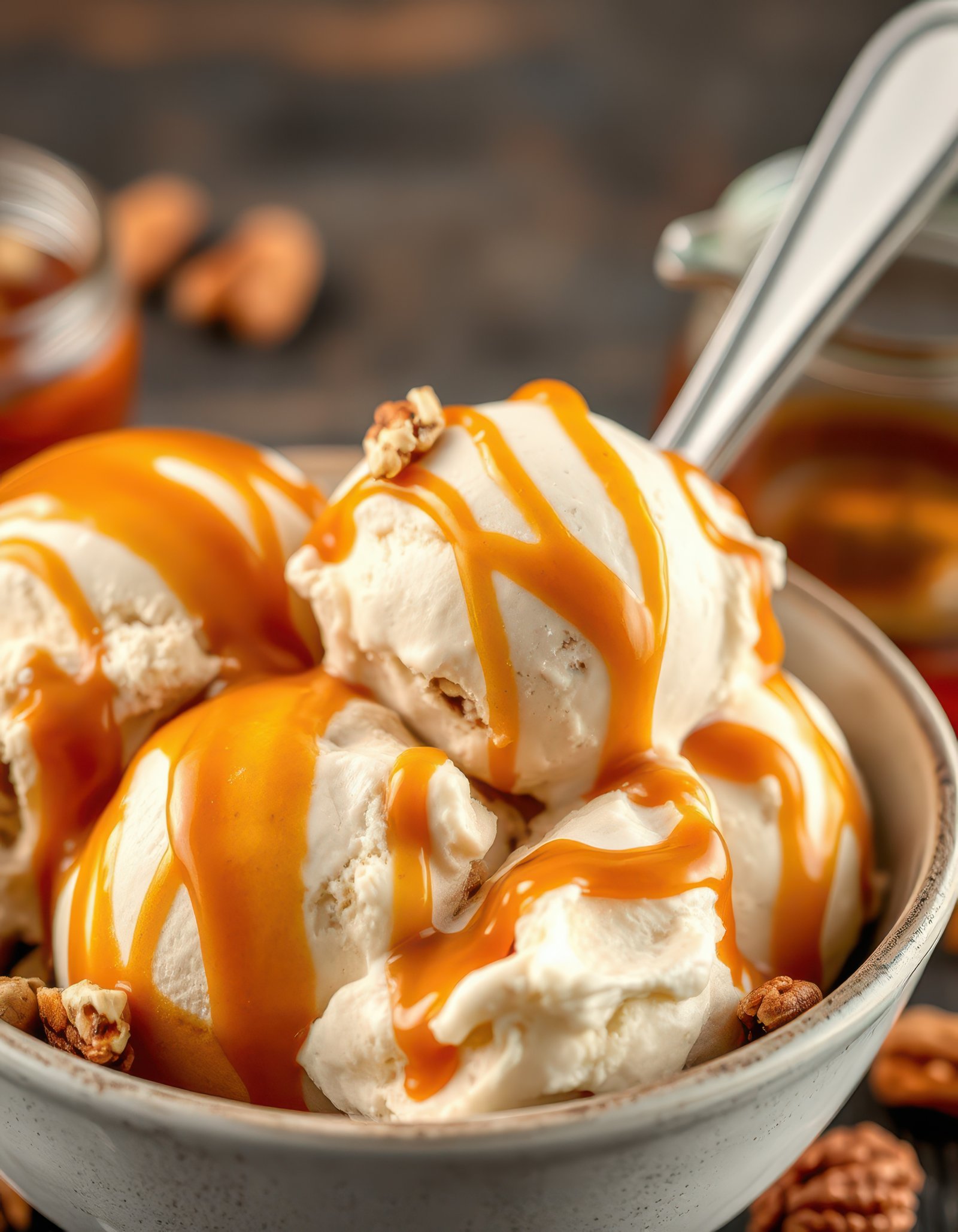 Indulgent dessert featuring scoops of vanilla ice cream drizzled with caramel sauce and topped with crunchy nuts